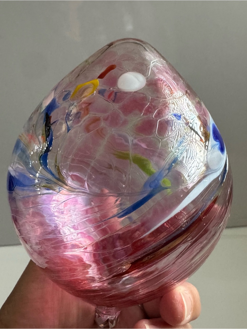 Hand-Blown Pink Glass Art Ornament with Multicolor Teardrop design Sun Catcher